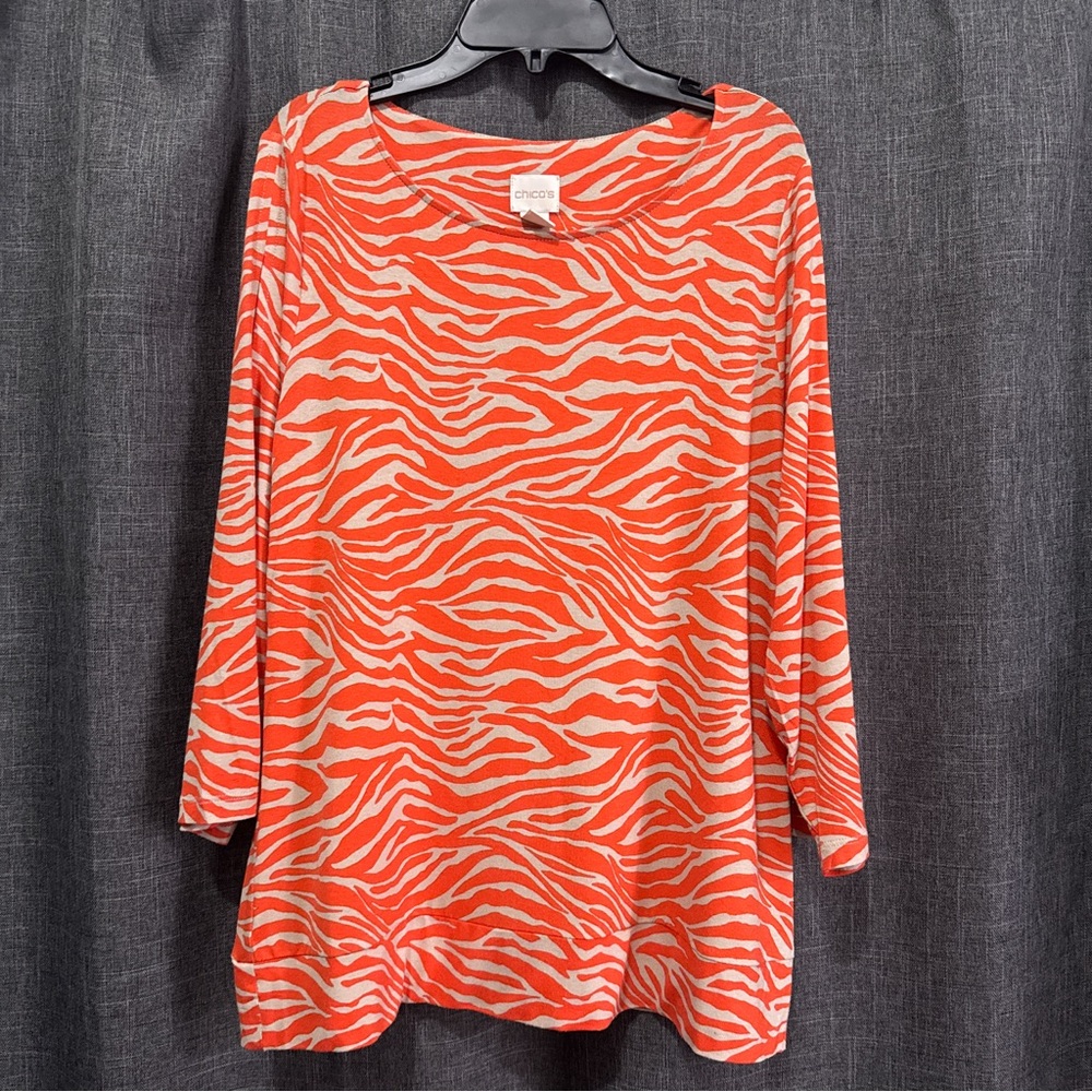 Chico's Sz 2 Orange Tan Zebra Print Cold Shoulder Top Stretch Tunic Long Sleeve